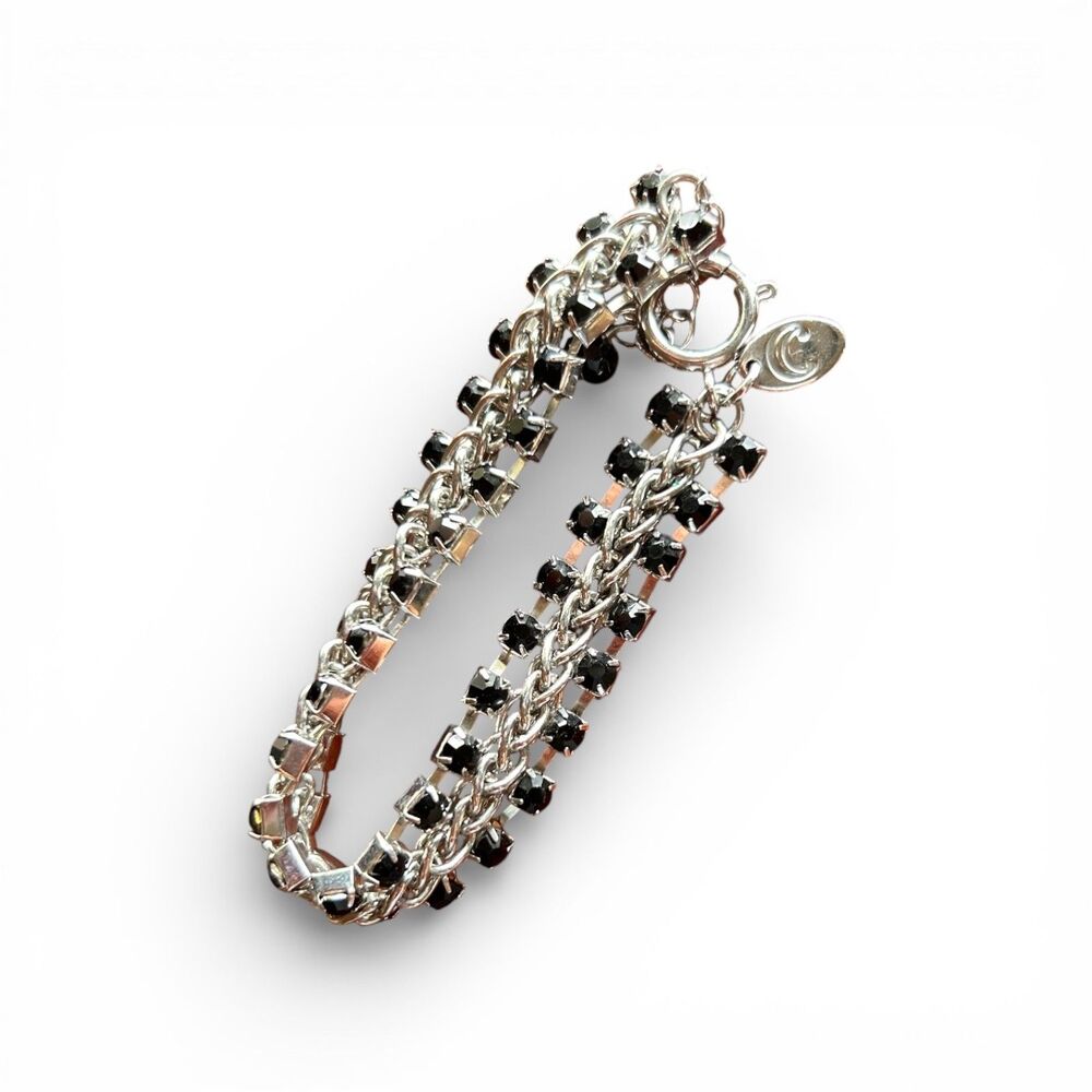 Black Rhinestone Multi Chain Bracelet Silver Tone Adjustable